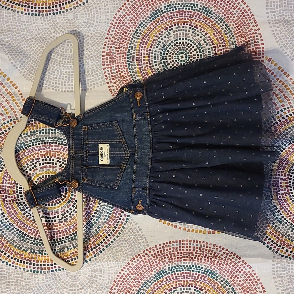 🌸 OshKosh B'gosh Denim Jumper, Navy/Silver Polka Dot Tule, Size 24 month